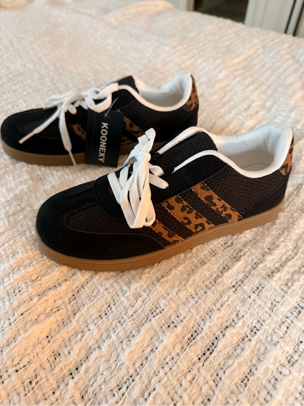 Women’s Black Sneakers with Leopard Accent and Gum Sole